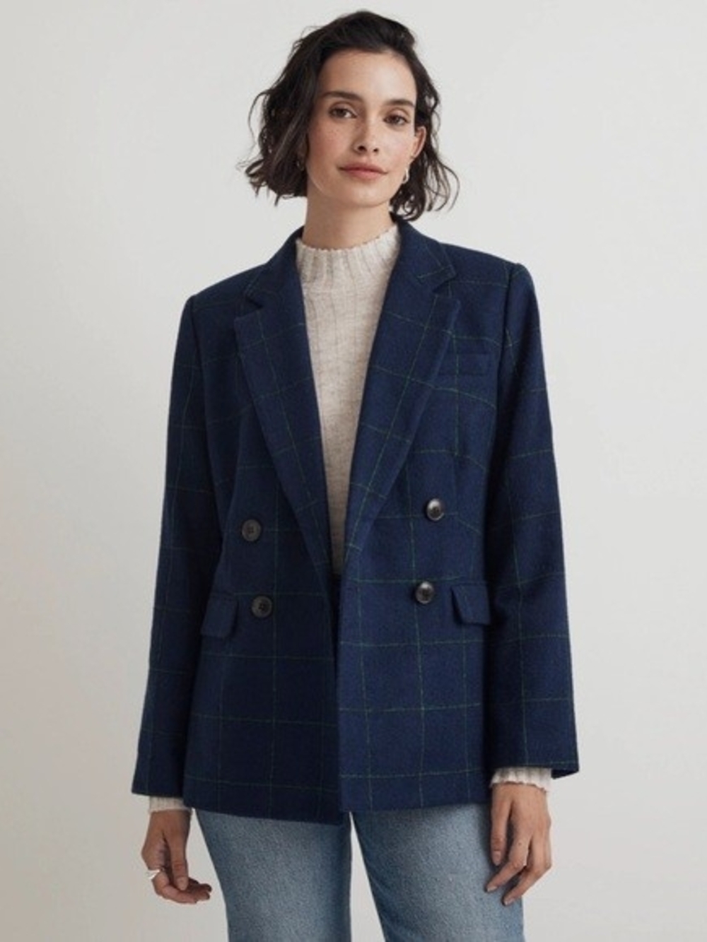 Madewell Rosedale Navy Windowpane Double-Breasted Blazer Sz 14
